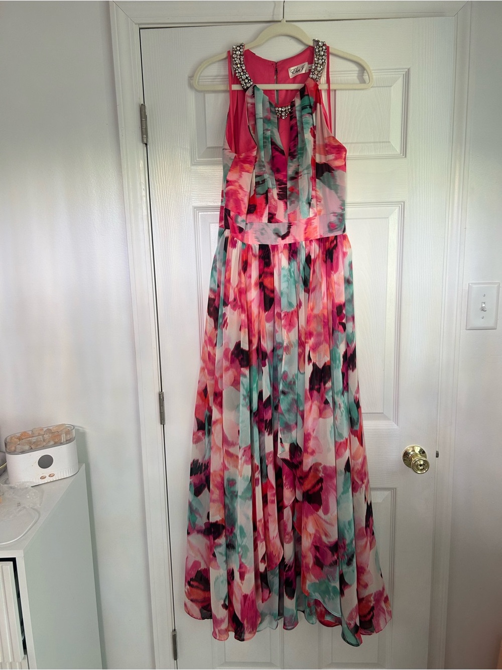 Eliza J Floral Watercolor Maxi Dress in Pink, Aqua & Coral Sz 12